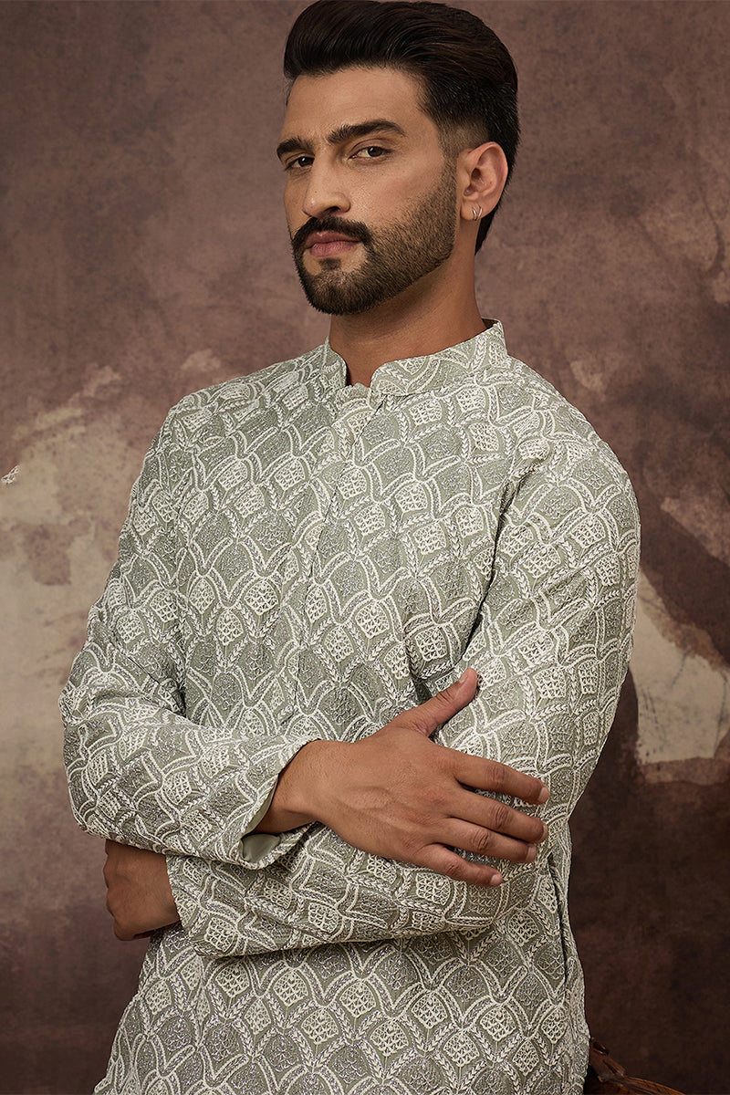 green viscose rayon solid embroidered straight kurta