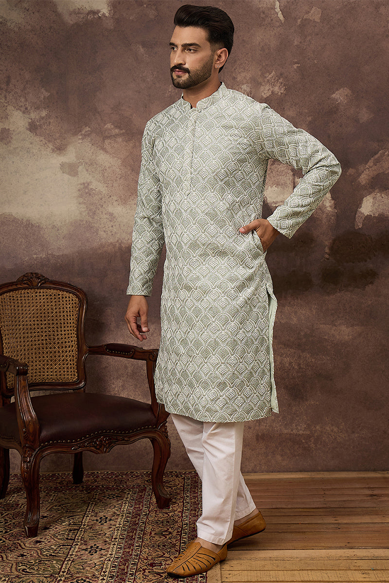 green viscose rayon solid embroidered straight kurta