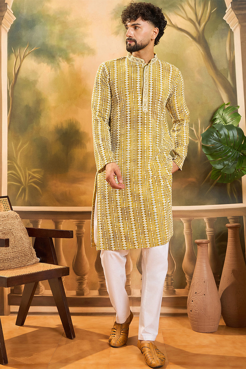 Mustard Viscose Rayon Embroidered Straight Kurta MKU1410