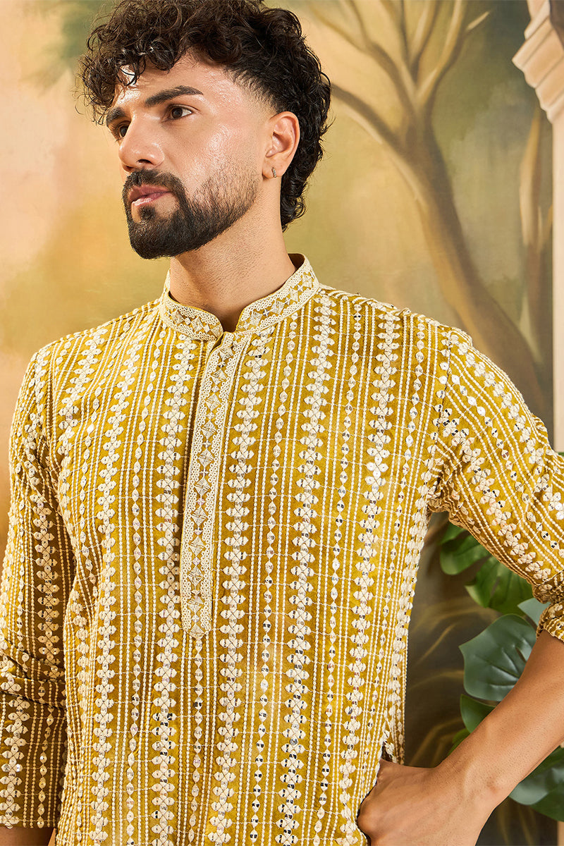 Mustard Viscose Rayon Embroidered Straight Kurta