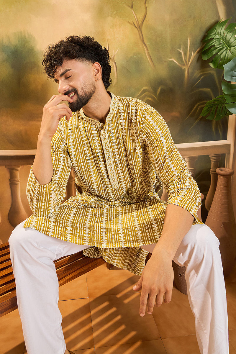 Mustard Viscose Rayon Embroidered Straight Kurta