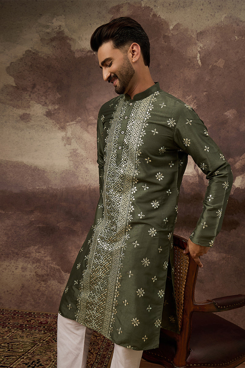 Green Silk Blend Solid Embroidered Straight Kurta With Pant Set MKSET1419