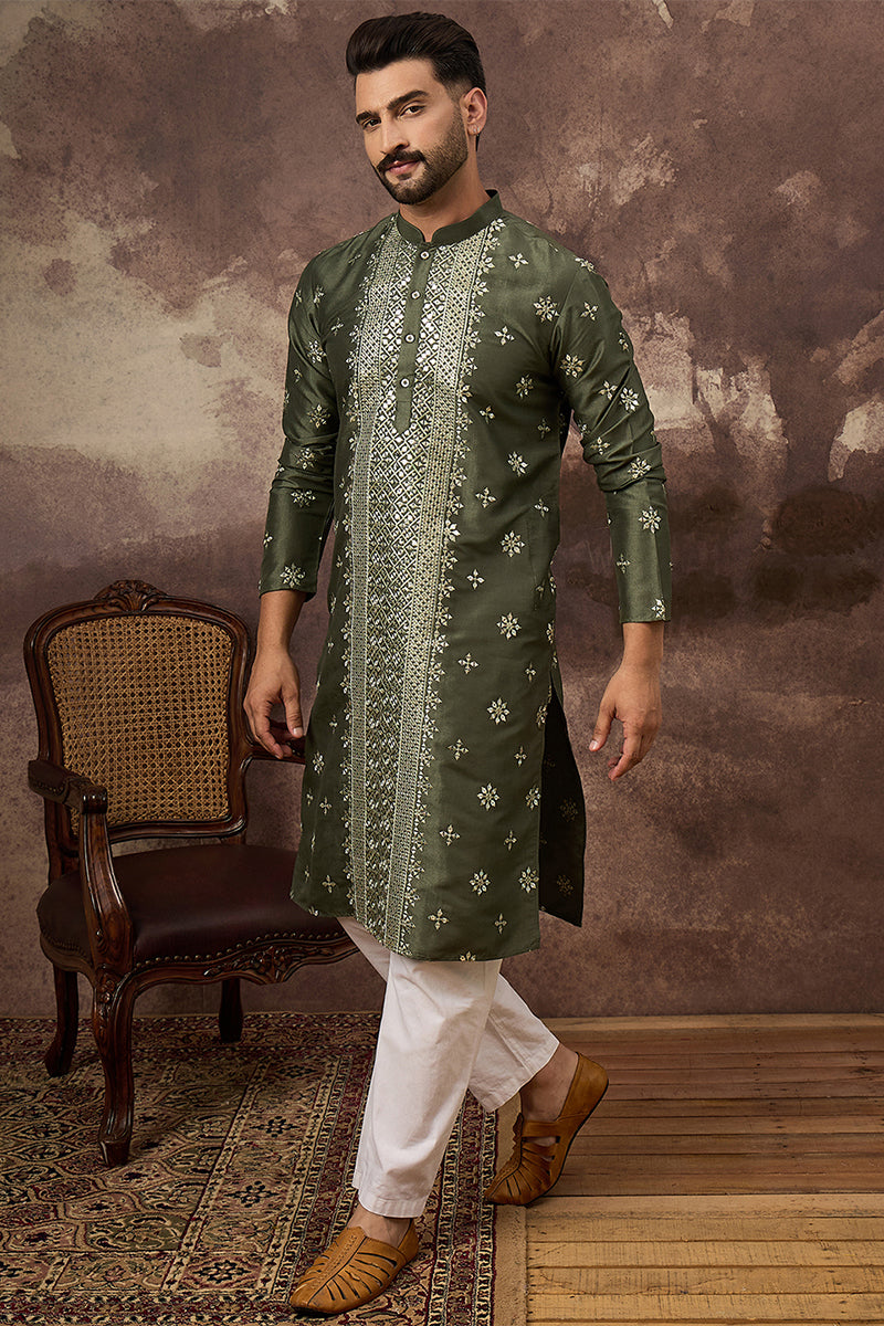 Green Silk Blend Solid Embroidered Straight Kurta With Pant Set MKSET1419