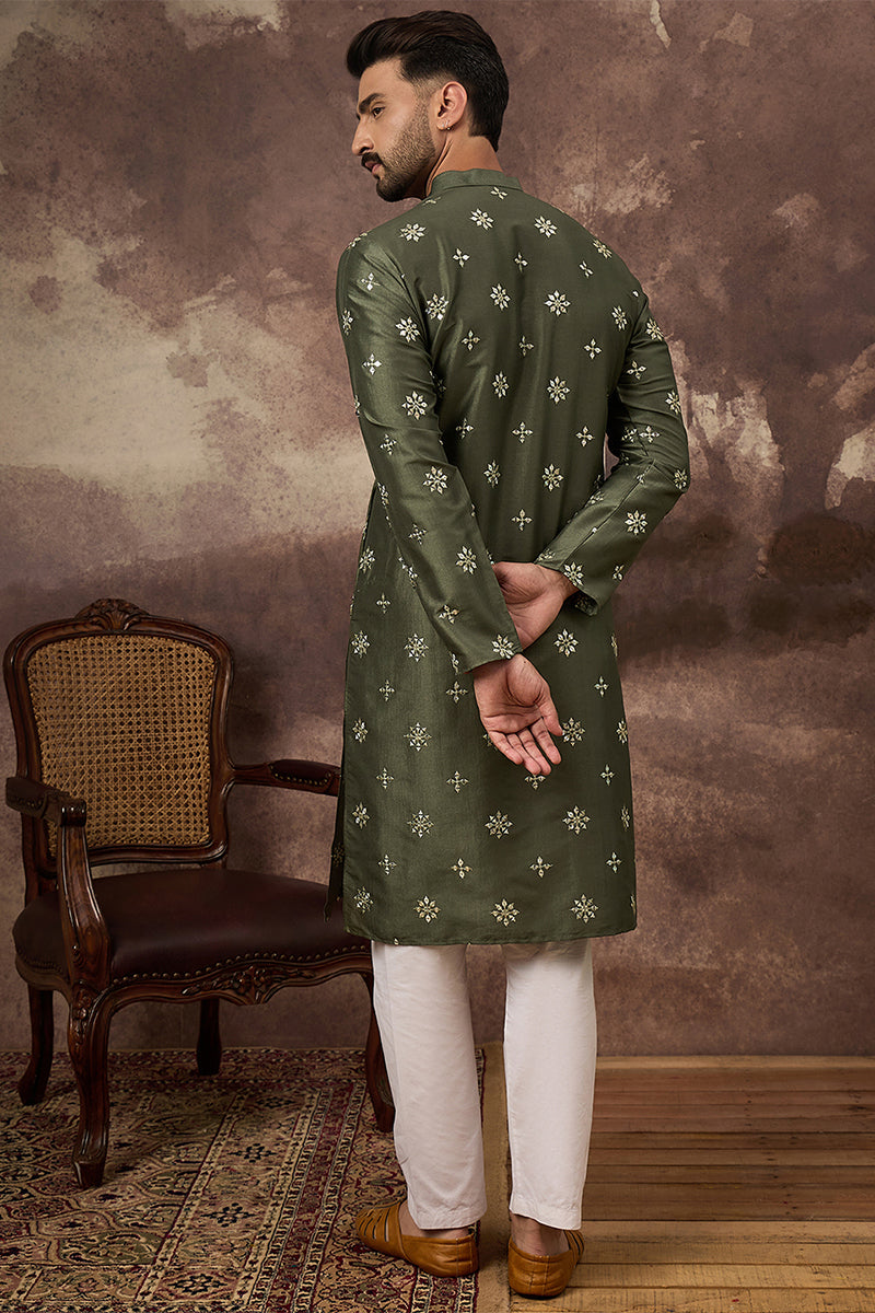 Green Silk Blend Solid Embroidered Straight Kurta With Pant Set MKSET1419