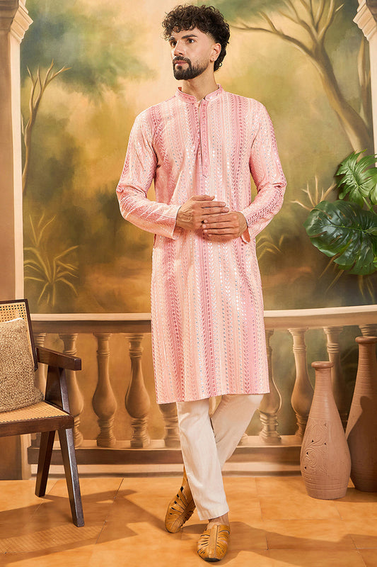 Mens Viscose Rayon Peach Solid Embroidered Kurta With Trouser MKSET1432