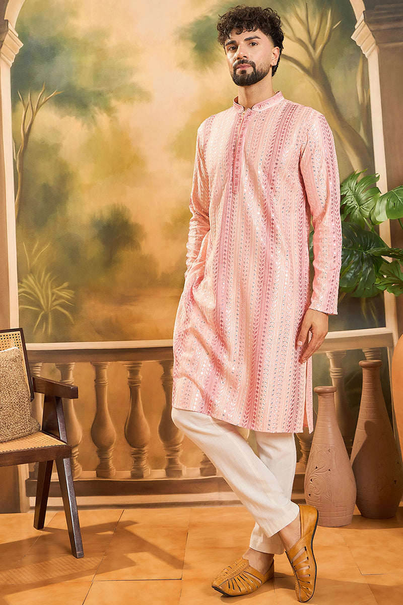 Mens Viscose Rayon Peach Solid Embroidered Kurta With Trouser MKSET1432