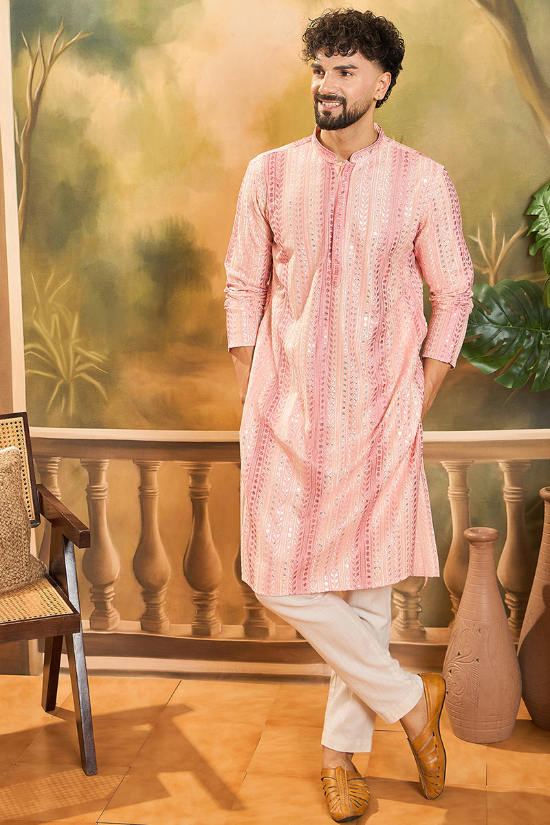 Peach Viscose Rayon Solid Embroidered Straight Kurta