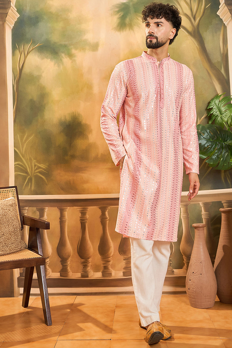 Peach Viscose Rayon Solid Embroidered Straight Kurta