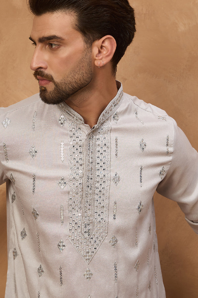 Grey Silk Blend Solid Embroidered Straight Kurta With Pant Set MKSET1438