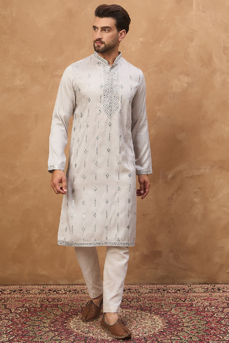 Grey Silk Blend Solid Embroidered Straight Kurta With Pant Set MKSET1438
