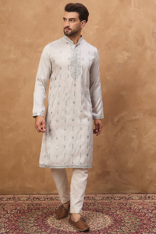 Grey Silk Blend Solid Embroidered Straight Kurta MKU1438