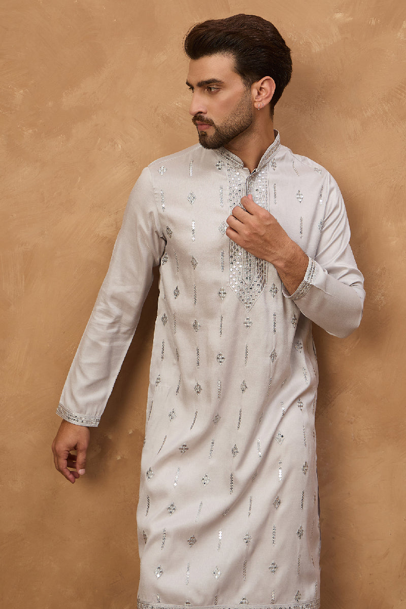 Grey Silk Blend Solid Embroidered Straight Kurta With Pant Set MKSET1438