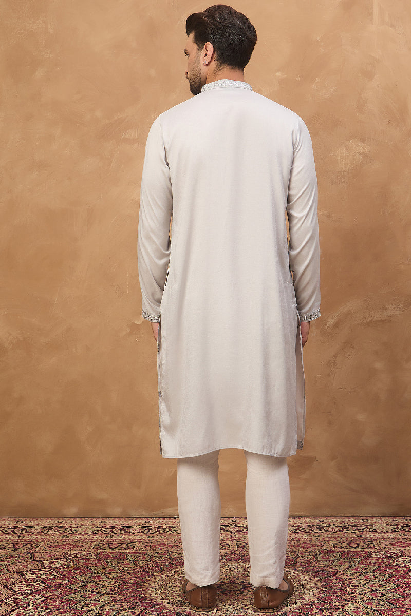 Grey Silk Blend Solid Embroidered Straight Kurta MKU1438