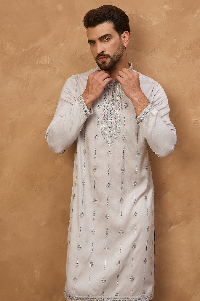 Grey Silk Blend Solid Embroidered Straight Kurta With Pant Set