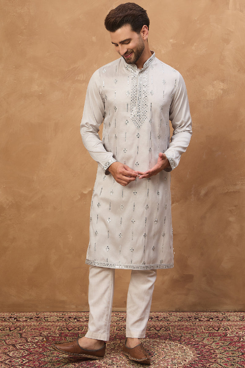 Grey Silk Blend Solid Embroidered Straight Kurta With Pant Set
