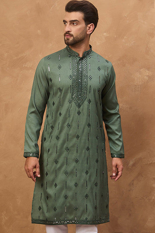 Green Silk Blend Solid Embroidered Straight Kurta MKU1439
