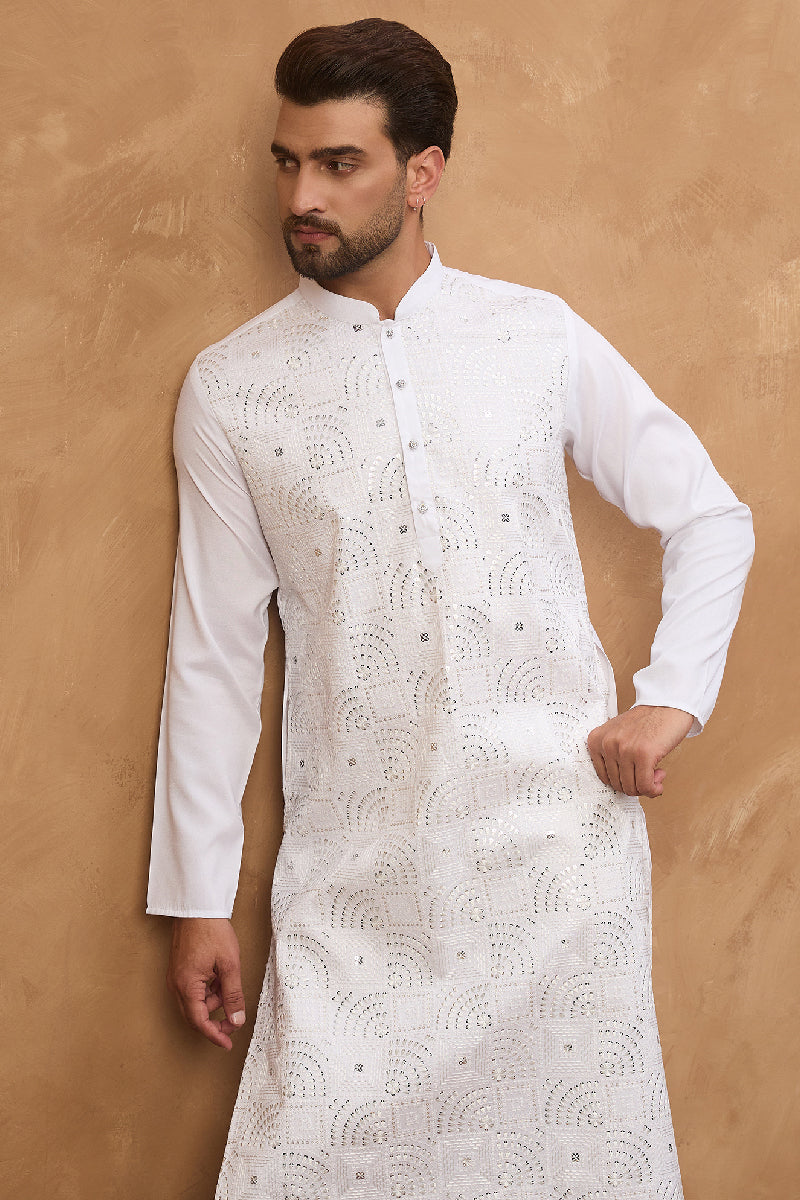 White Silk Blend Solid Embroidered Straight Kurta MKU1444