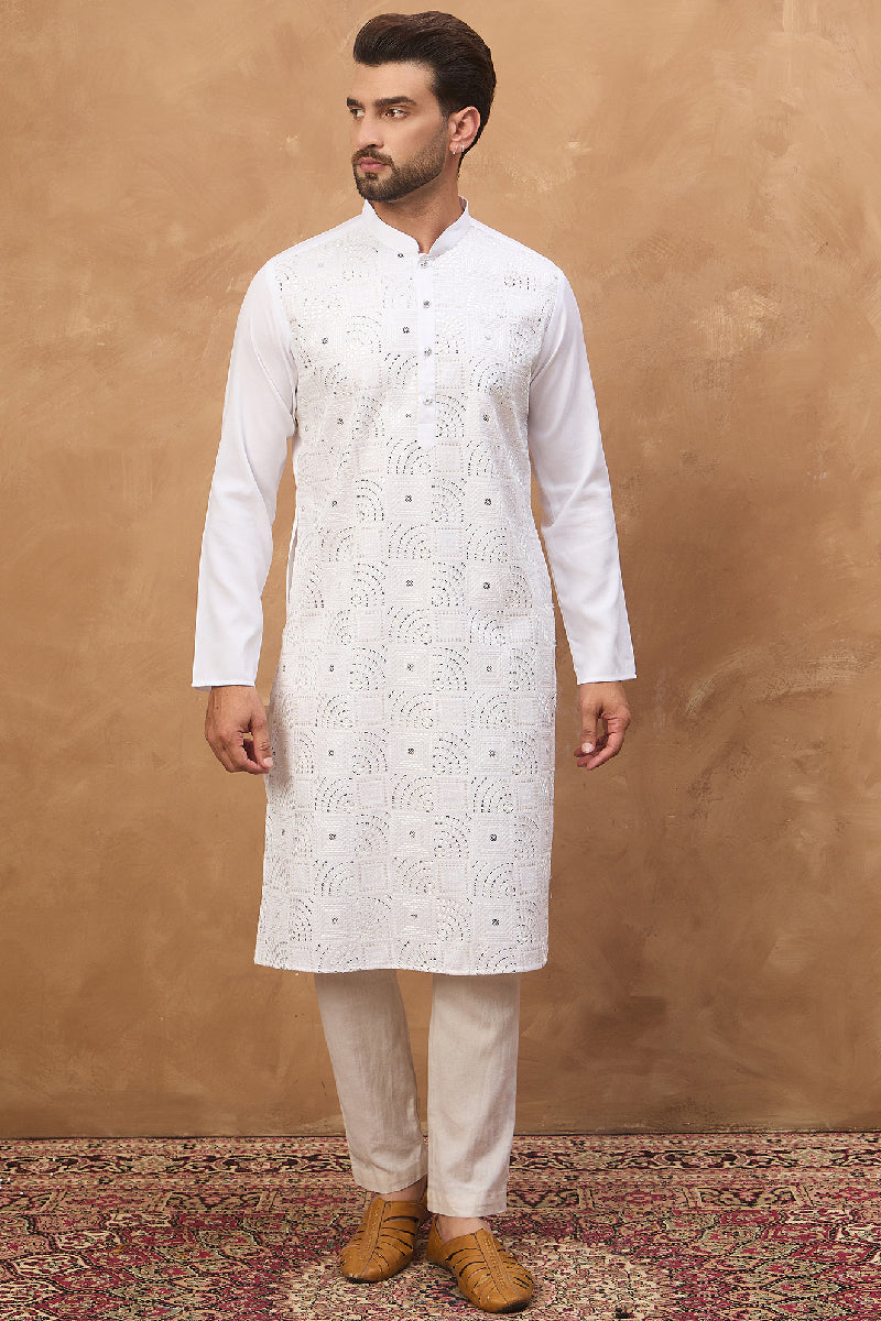 White Silk Blend Solid Embroidered Straight Kurta MKU1444