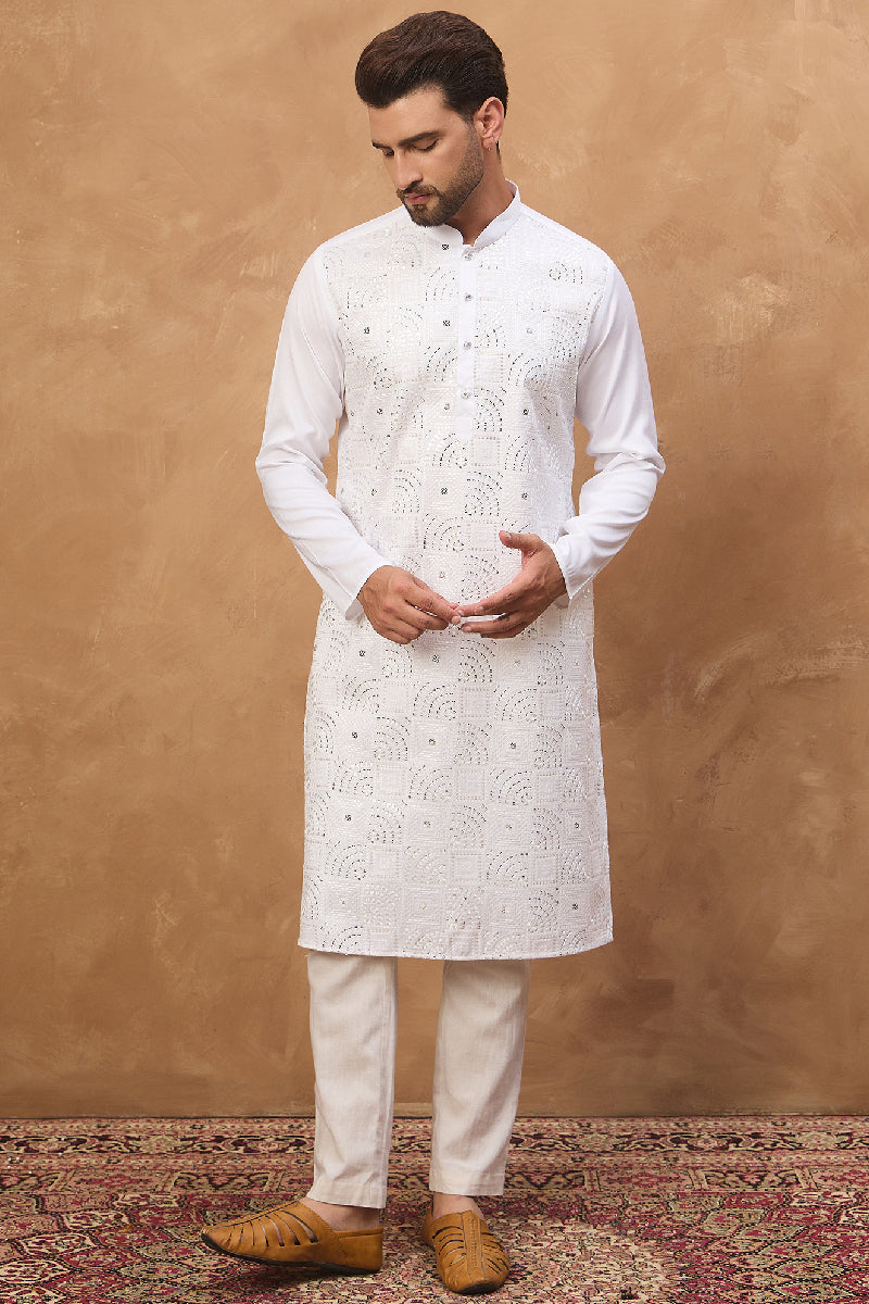 White Silk Blend Solid Embroidered Straight Kurta MKU1444