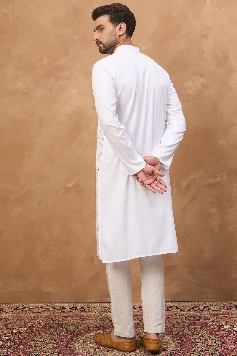 White Silk Blend Solid Embroidered Straight Kurta MKU1444