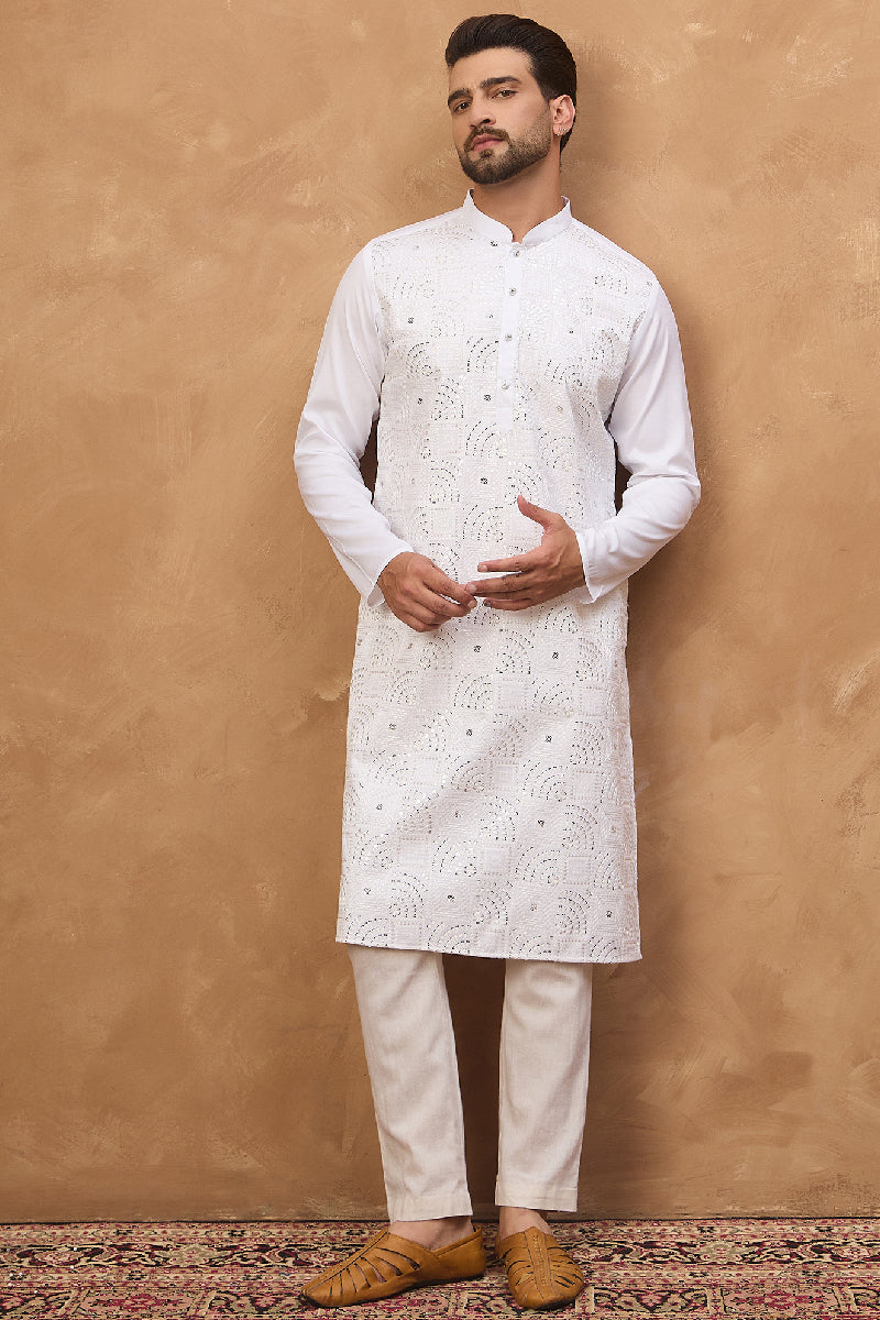 White Silk Blend Solid Embroidered Straight Kurta