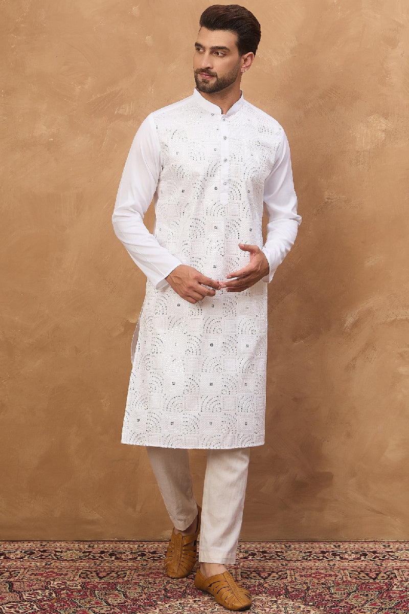White Silk Blend Solid Embroidered Straight Kurta