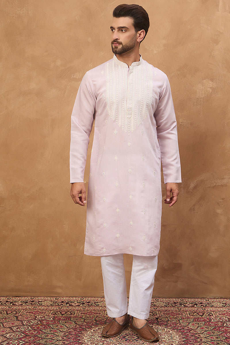 Lavender Silk Blend Solid Embroidered Straight Kurta MKU1448