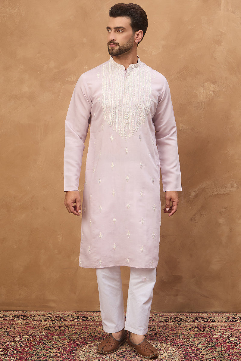 Lavender Silk Blend Solid Embroidered Straight Kurta With Pant Set MKSET1448