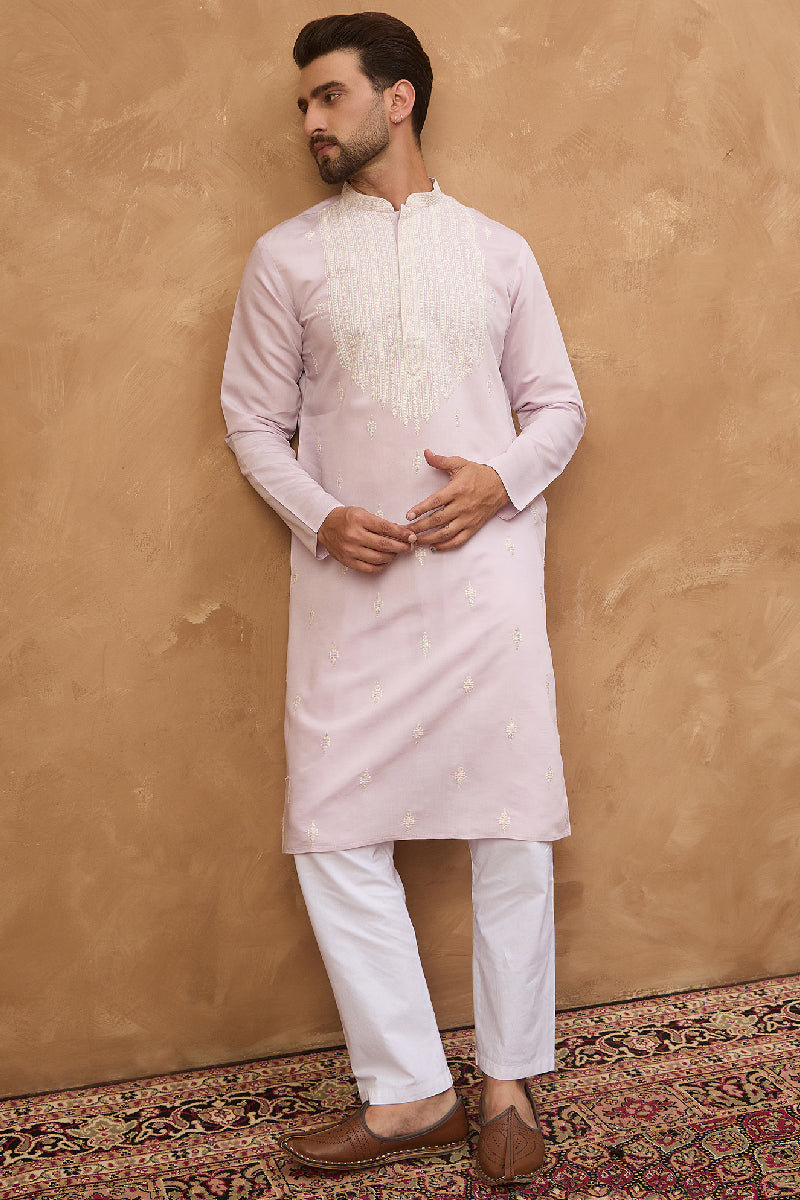 Lavender Silk Blend Solid Embroidered Straight Kurta With Pant Set MKSET1448