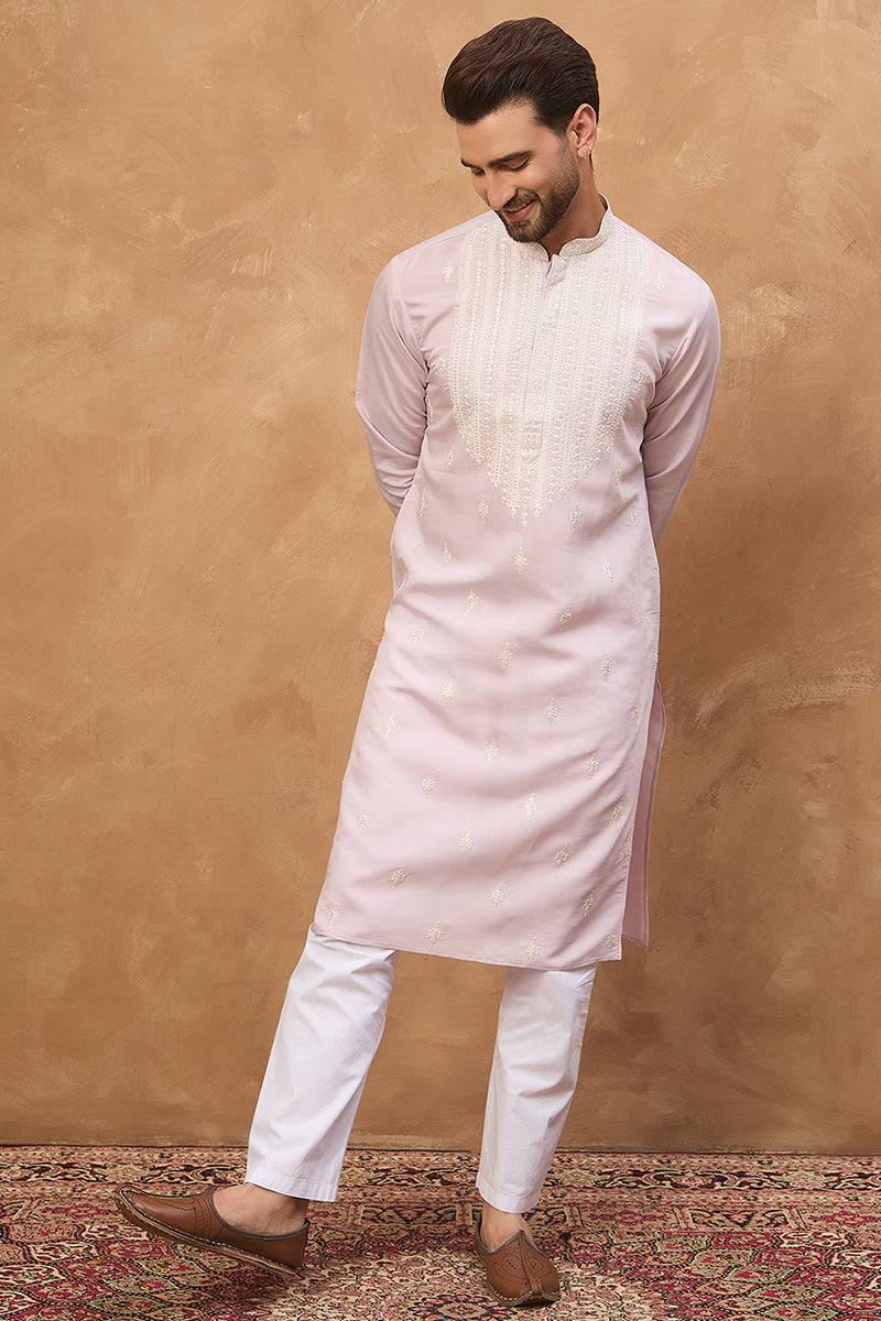 Lavender Silk Blend Solid Embroidered Straight Kurta
