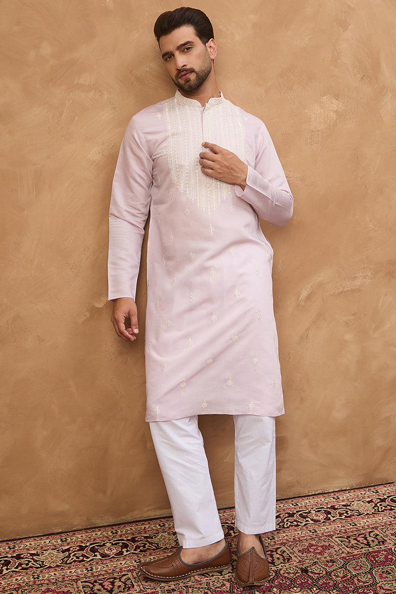 Lavender Silk Blend Solid Embroidered Straight Kurta