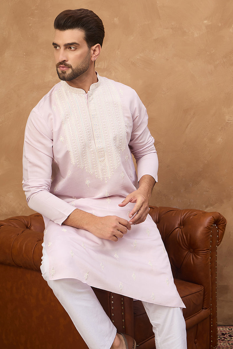 Lavender Silk Blend Solid Embroidered Straight Kurta MKU1448