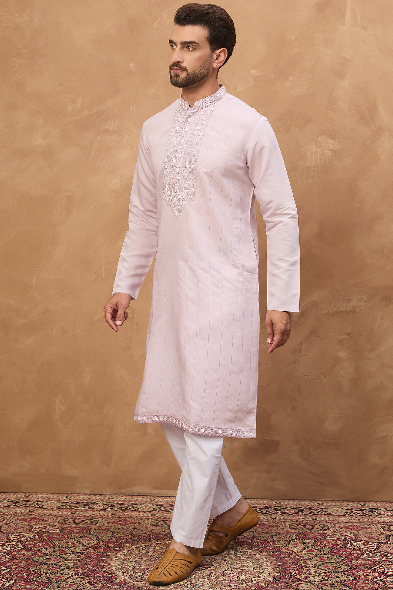 Lavender Silk Blend Solid Embroidered Straight Kurta With Pant Set MKSET1449