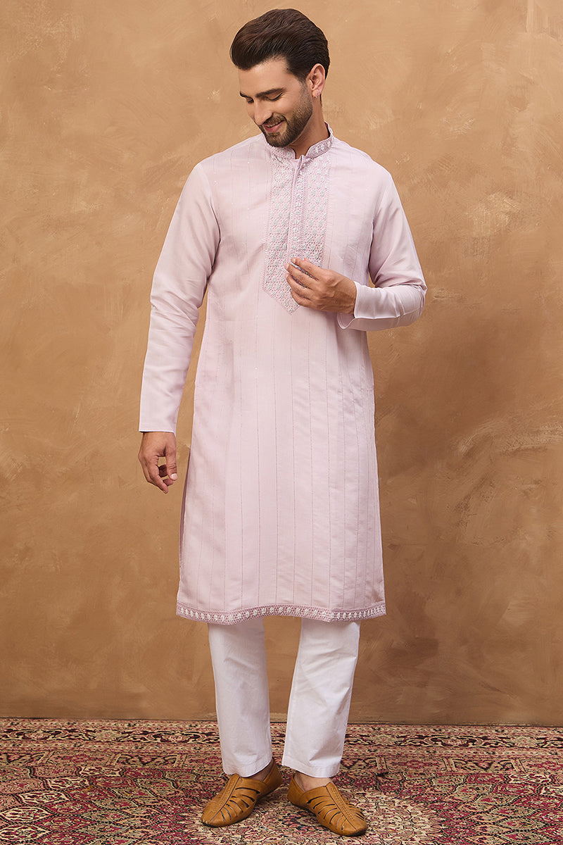 Lavender Silk Blend Solid Embroidered Straight Kurta