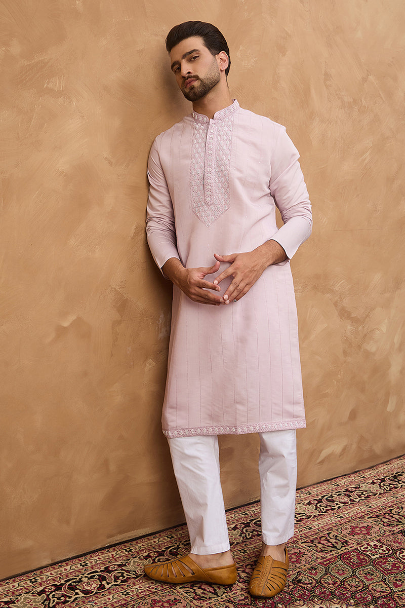 Lavender Silk Blend Solid Embroidered Straight Kurta