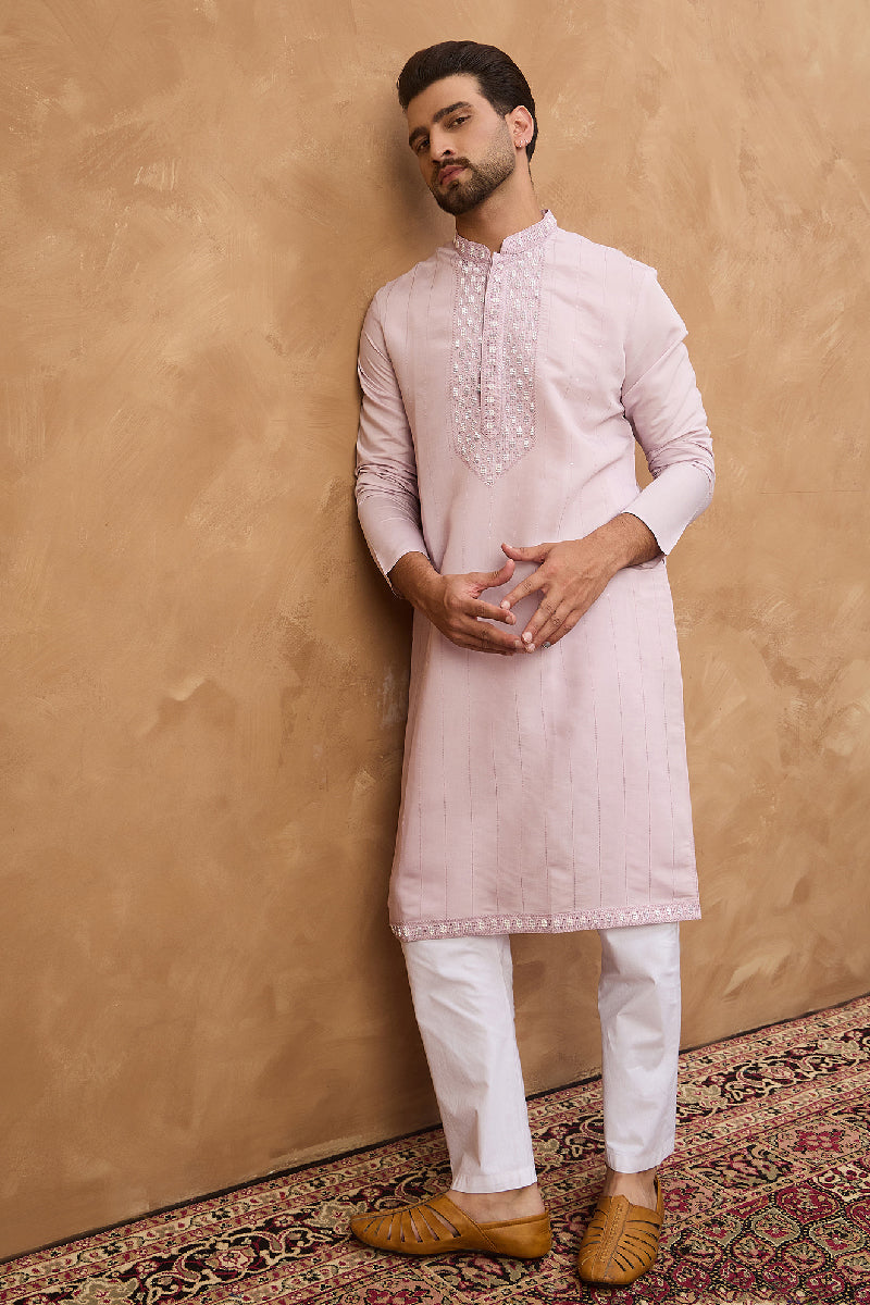 Lavender Silk Blend Solid Embroidered Straight Kurta With Pant Set MKSET1449