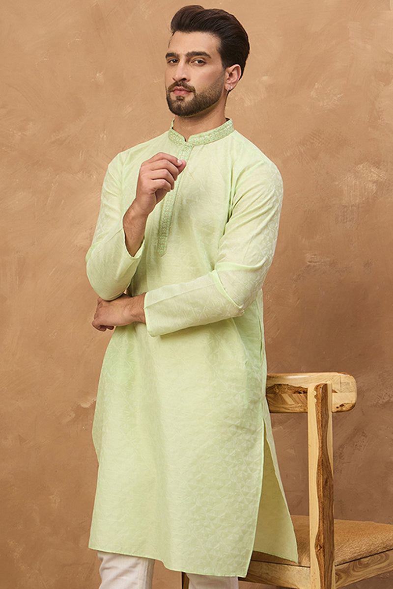 Green Silk Blend Solid Embroidered Straight Kurta MKU1451