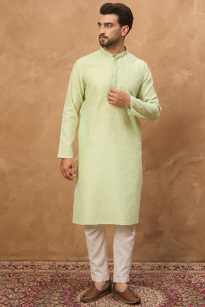 Green Silk Blend Solid Embroidered Straight Kurta With Pant Set MKSET1451