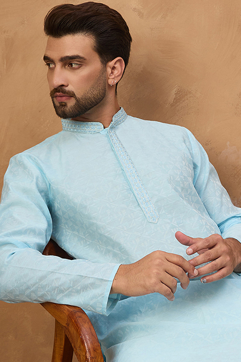 Blue Silk Blend Solid Embroidered Straight Kurta MKU1452