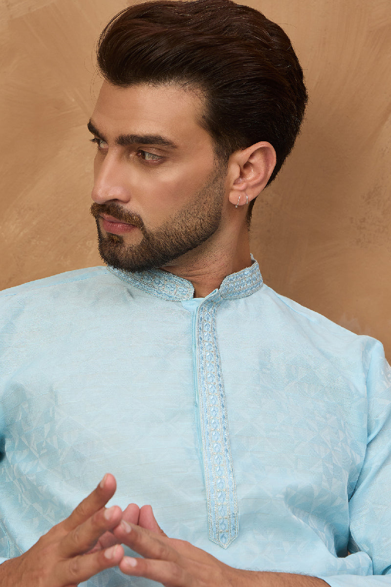 Blue Silk Blend Solid Embroidered Straight Kurta With Pant Set MKSET1452