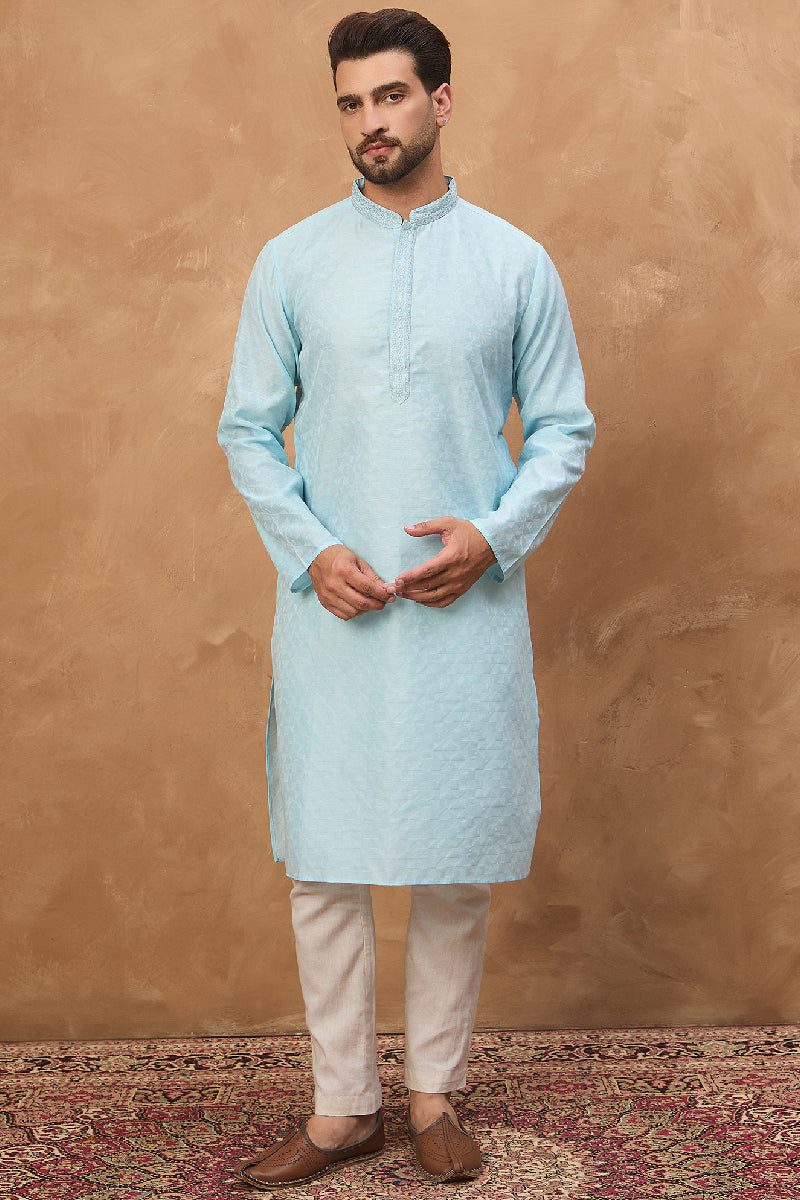 Blue Silk Blend Solid Embroidered Straight Kurta With Pant Set MKSET1452