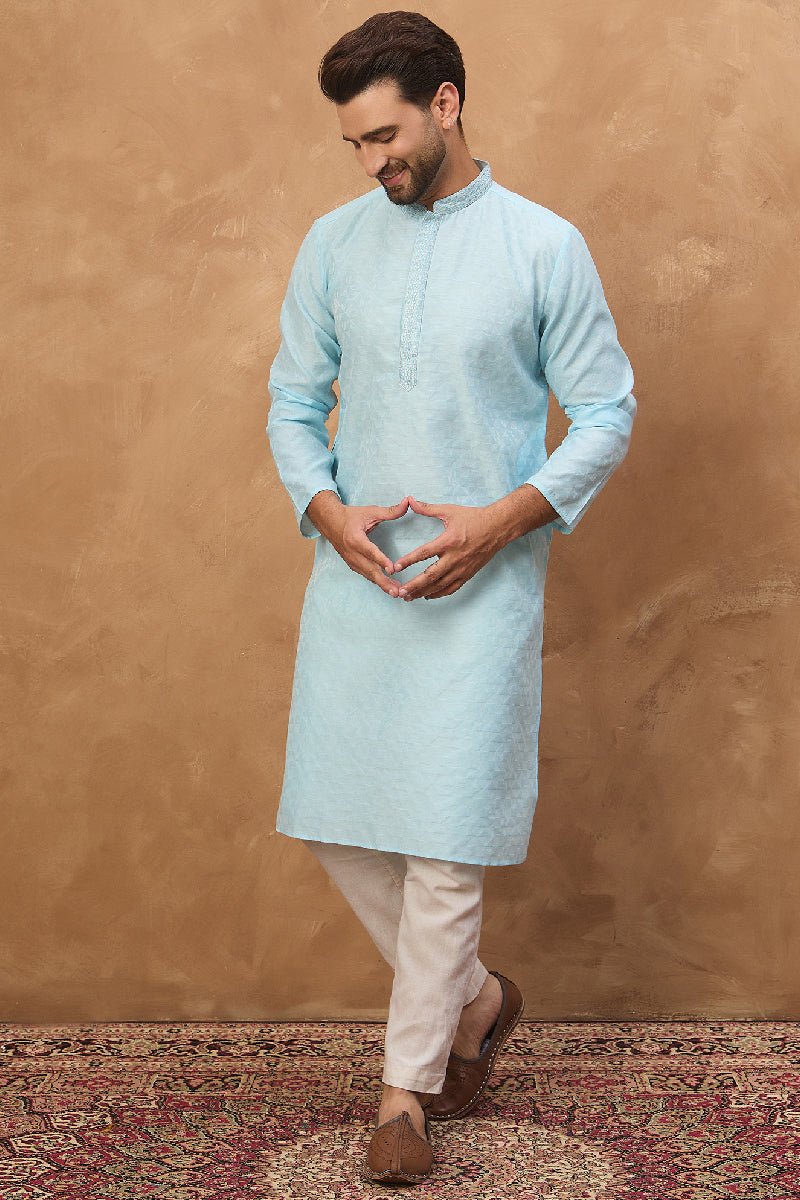 Blue Silk Blend Solid Embroidered Straight Kurta With Pant Set