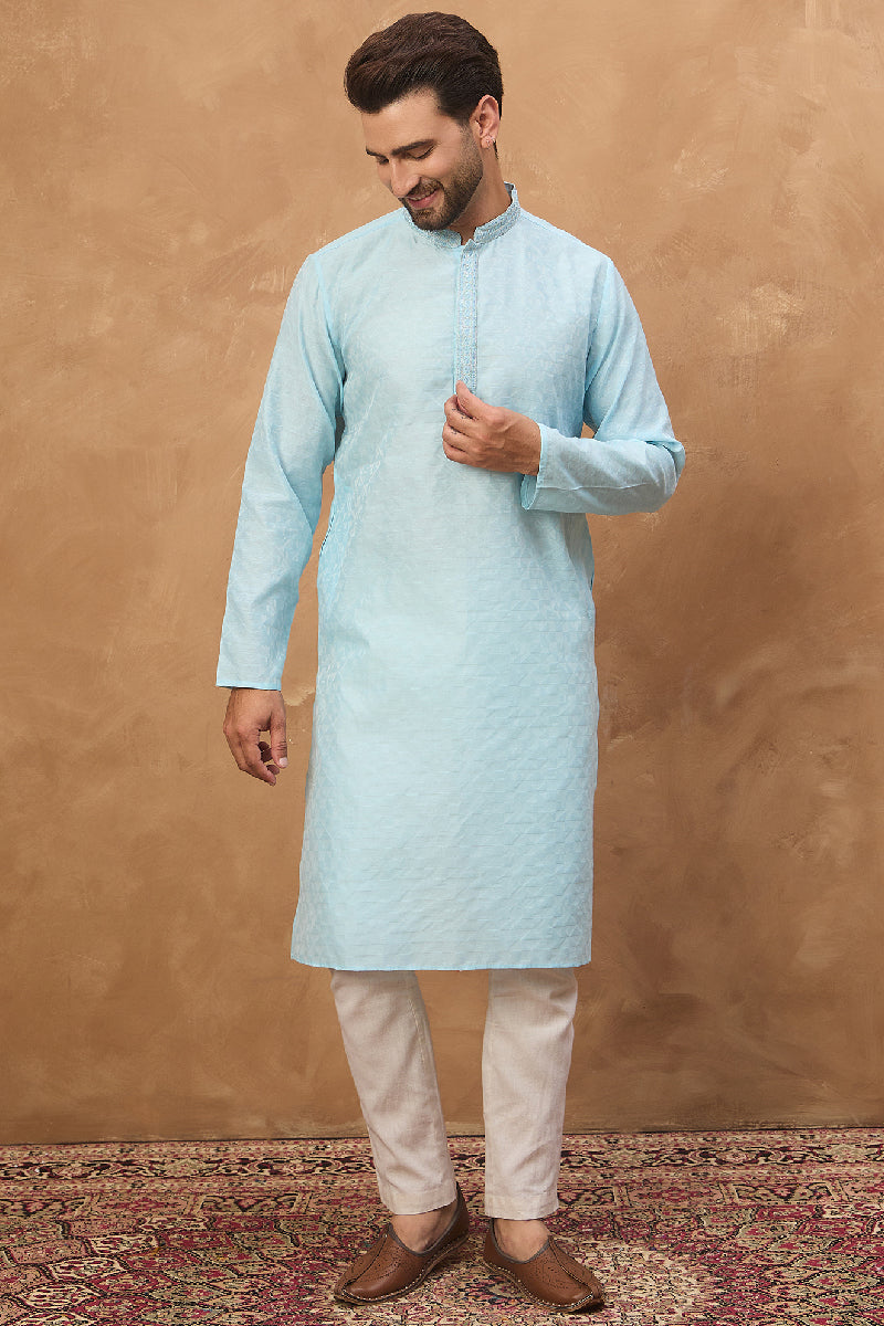 Blue Silk Blend Solid Embroidered Straight Kurta With Pant Set