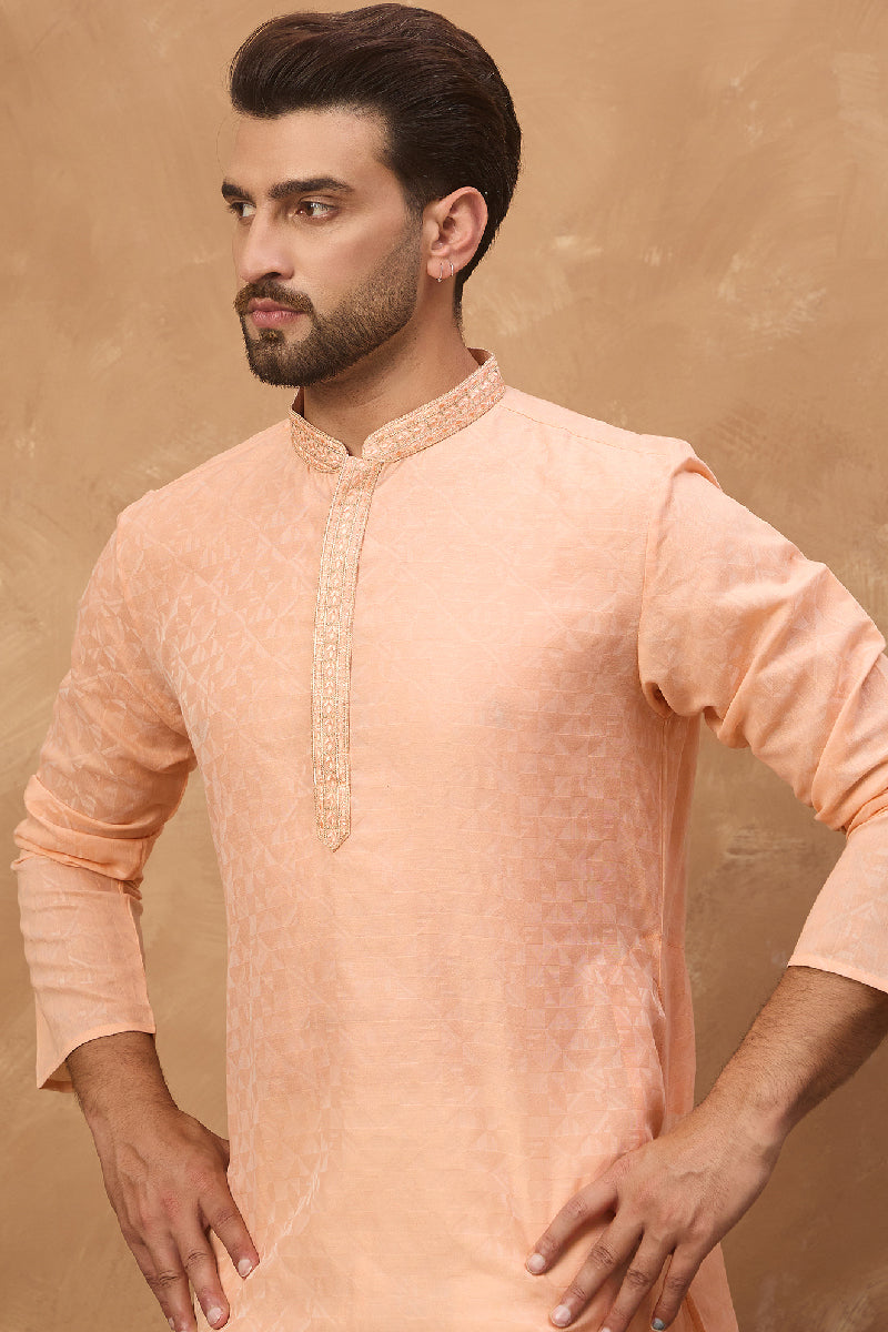 Peach Silk Blend Solid Embroidered Straight Kurta MKU1453