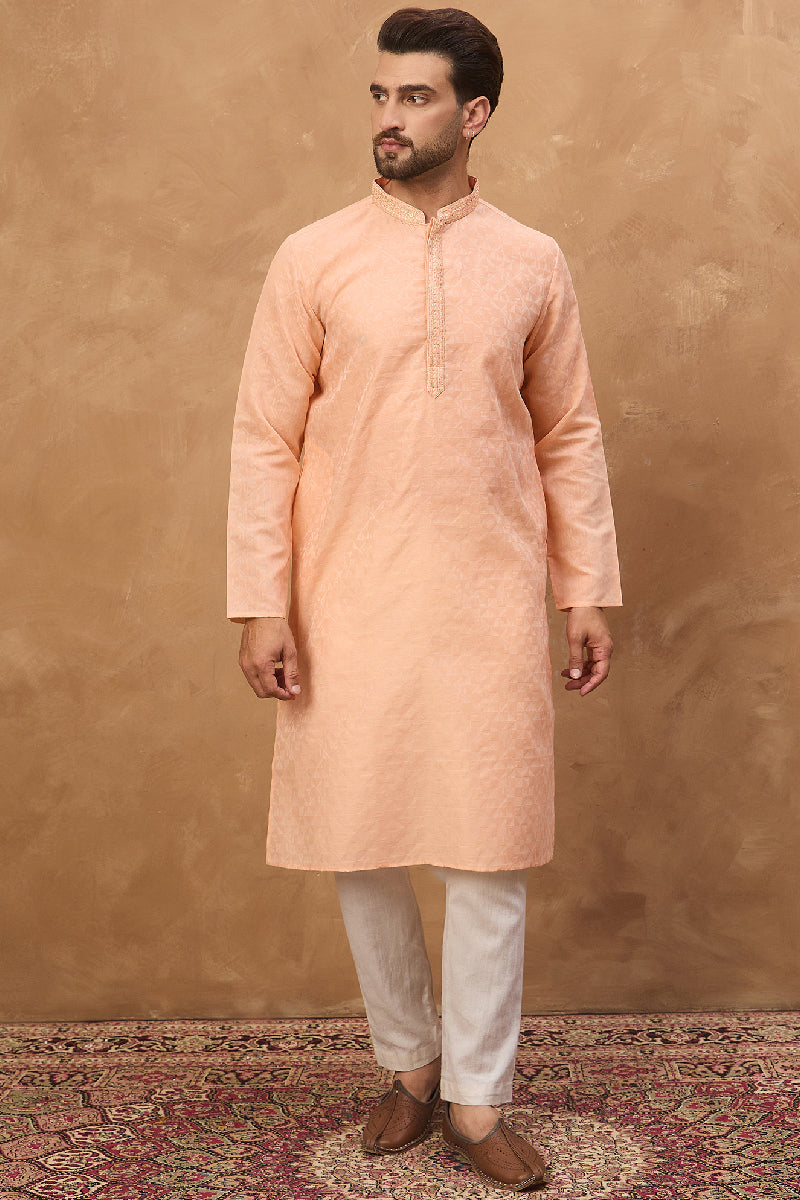 Peach Silk Blend Solid Embroidered Straight Kurta MKU1453