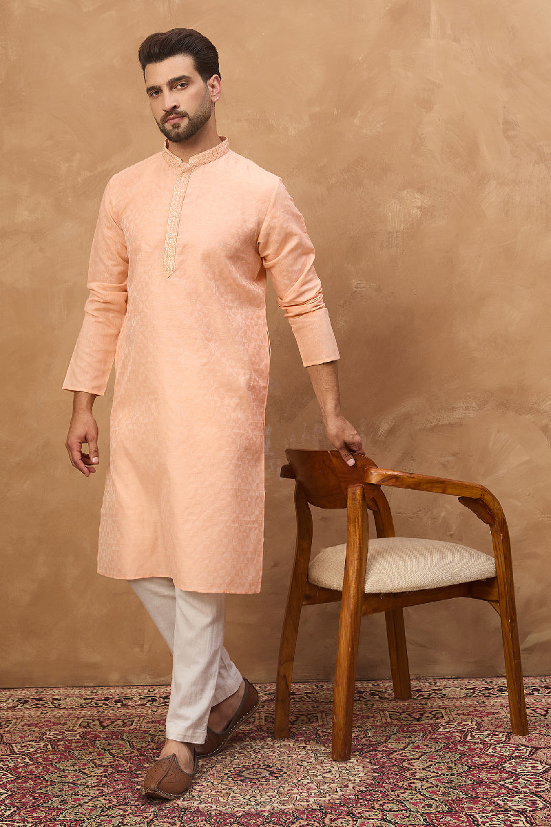 Peach Silk Blend Solid Embroidered Straight Kurta With Pant Set MKSET1453