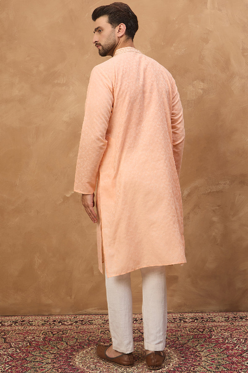 Peach Silk Blend Solid Embroidered Straight Kurta With Pant Set MKSET1453