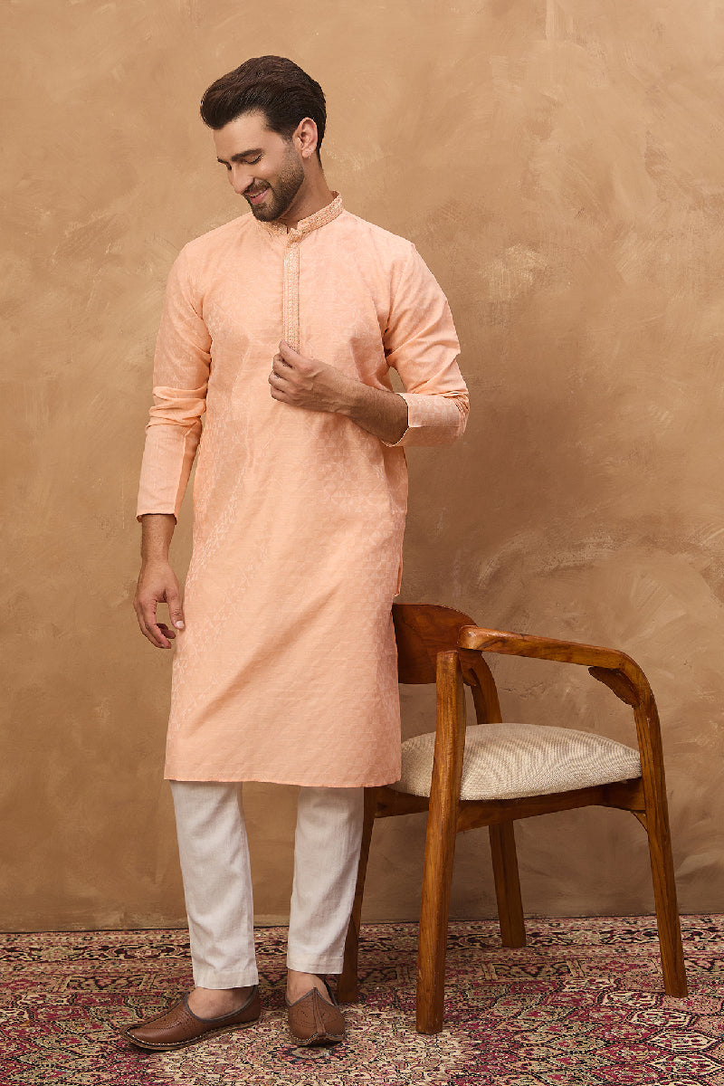 Peach Silk Blend Solid Embroidered Straight Kurta