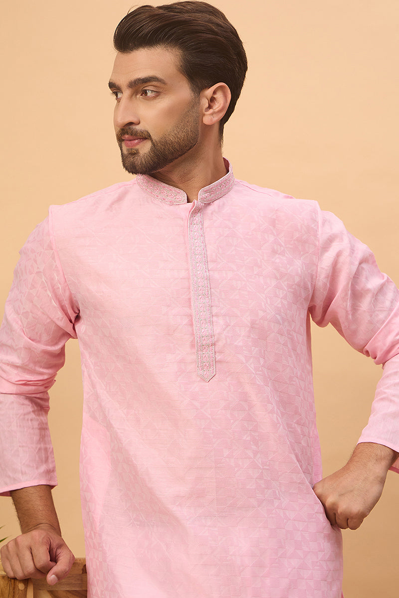 Pink Silk Blend Solid Embroidered Straight Kurta With Pant Set MKSET1454