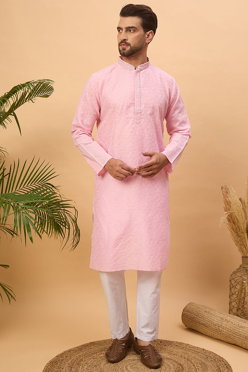 Pink Silk Blend Solid Embroidered Straight Kurta With Pant Set MKSET1454
